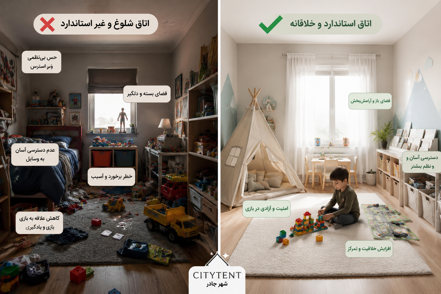 مقایسه اتاق کودک شلوغ و استاندارد
